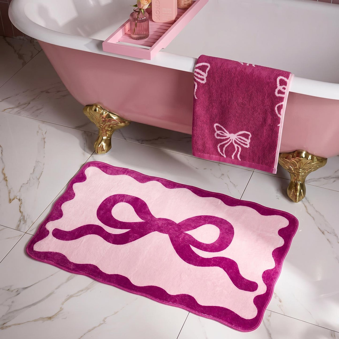 OHS Bows Bath Mat Soft Velvet Quick Dry Non-Slip Bathroom Shower Rug