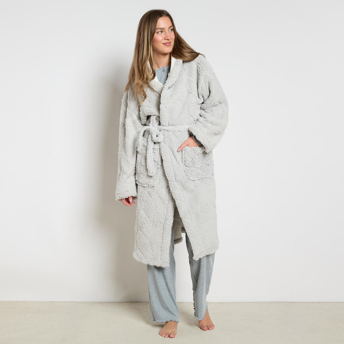 OHS Braided Fleece Dressing Gown Robe Womens Supersoft Hooded PJ Loungewear