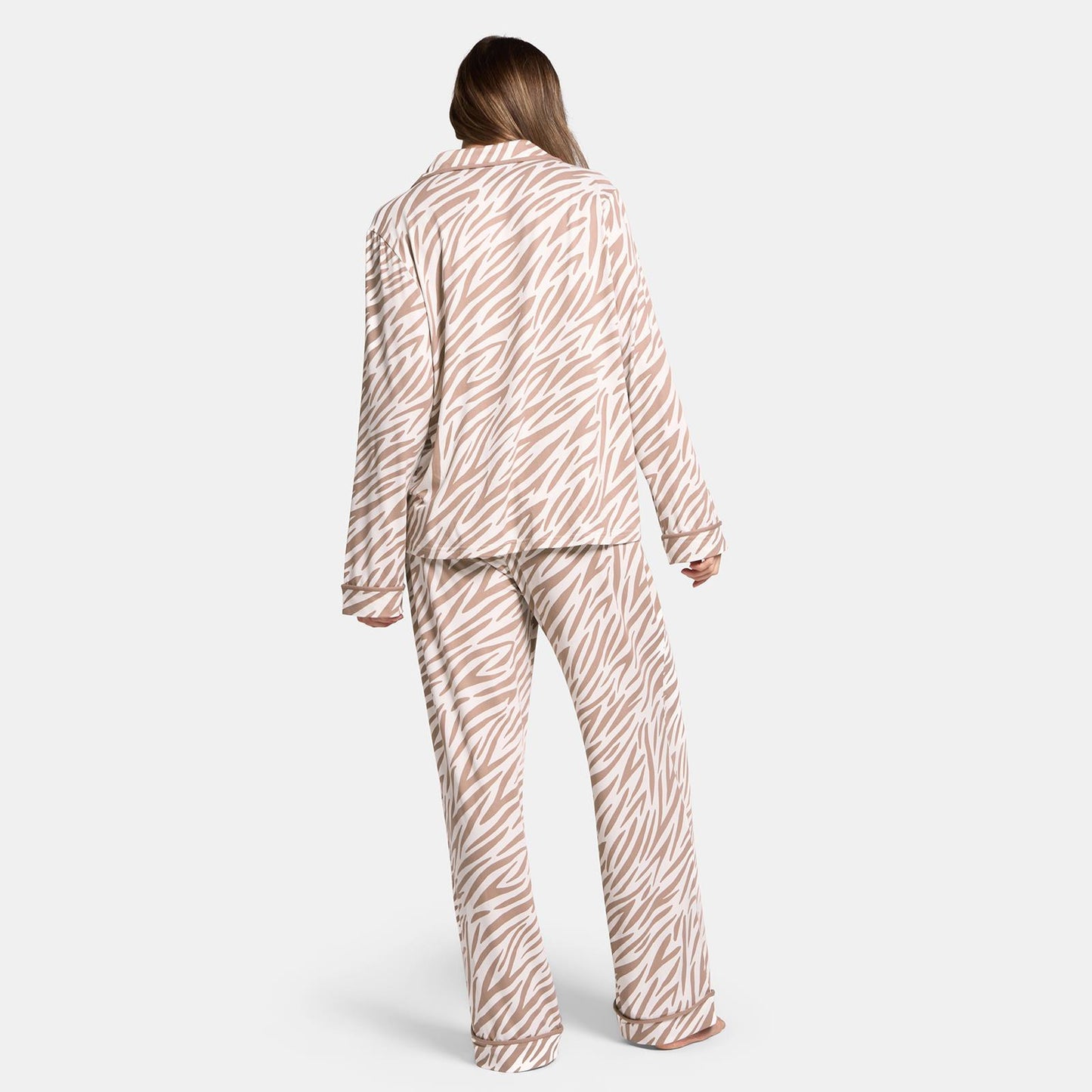OHS Zebra Print Pyjama Set Womens Jersey Button Through Nightwear Loungewear