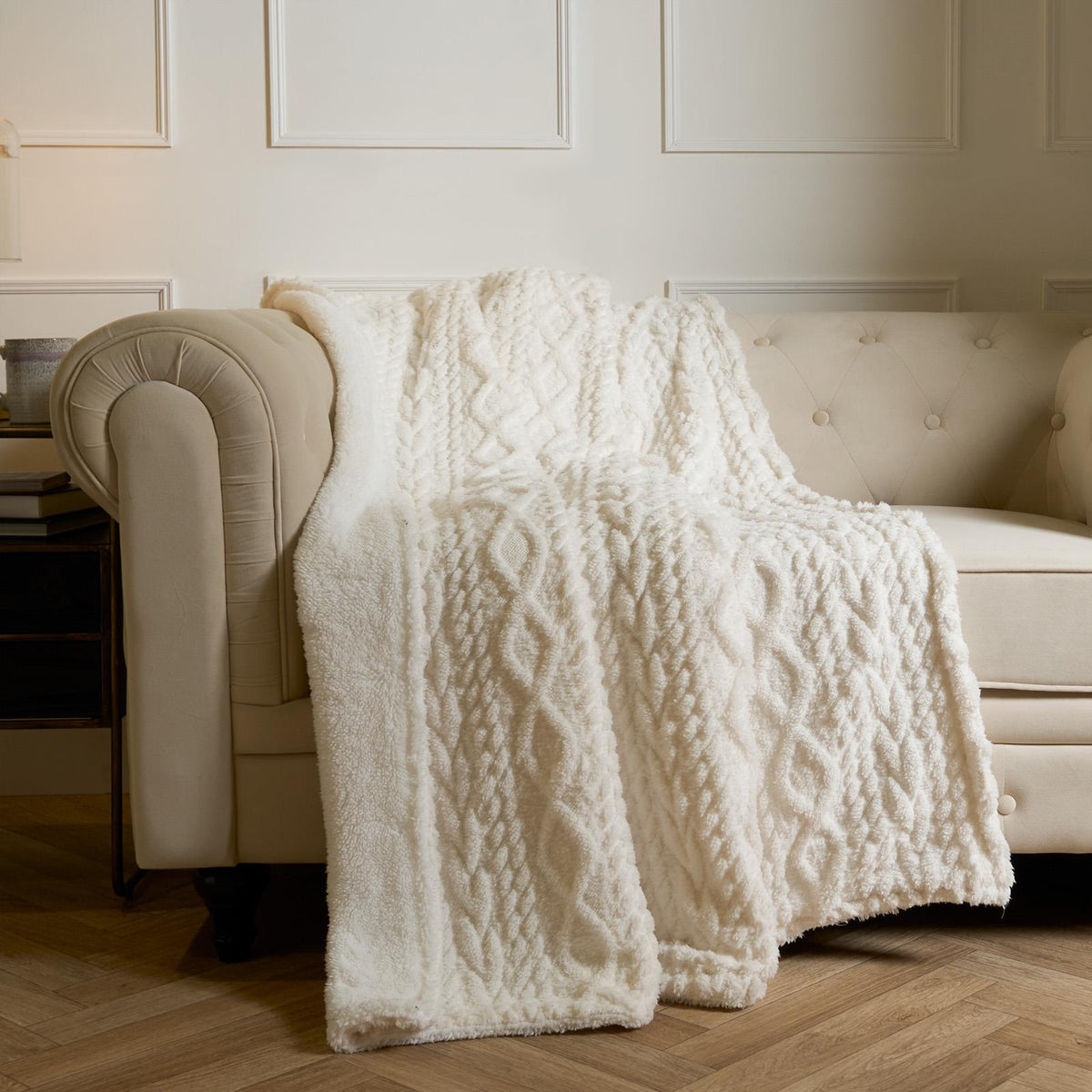 OHS Cable Knit Blanket Sherpa Fleece Sofa Plush Soft Warm Throw Over Bed Chair