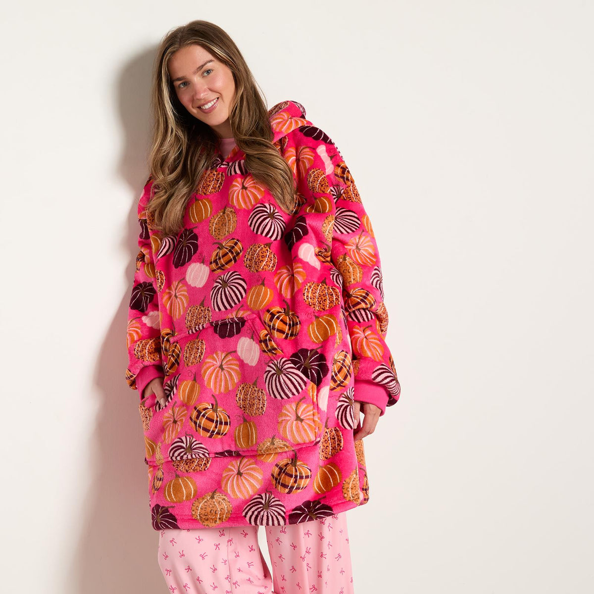 OHS Autumn Hoodie Blanket Pumpkin Prints Fleece Wearable Throw Sherpa