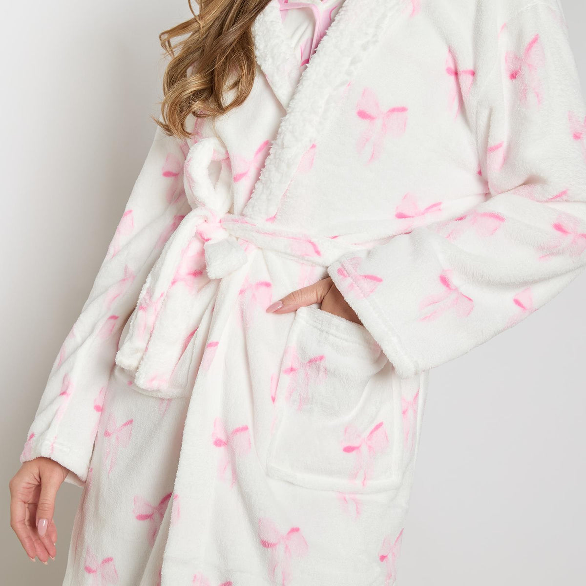 OHS Bows Dressing Gown Flannel Winter Sherpa Lined Loungewear Hooded Bathrobe