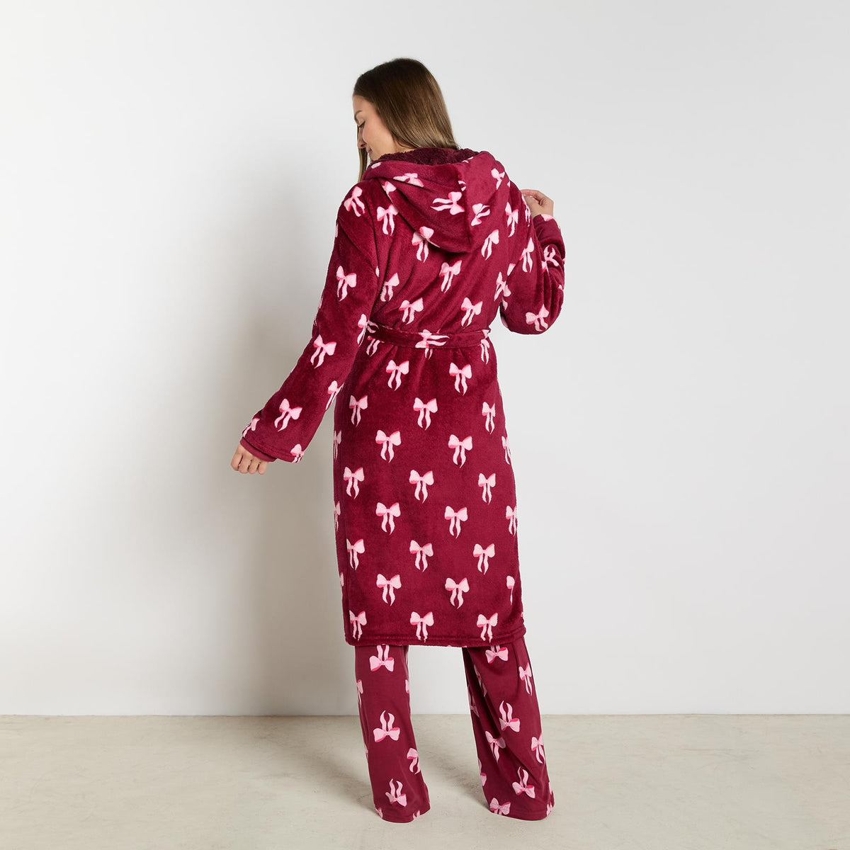OHS Bows Dressing Gown Flannel Winter Sherpa Lined Loungewear Hooded Bathrobe