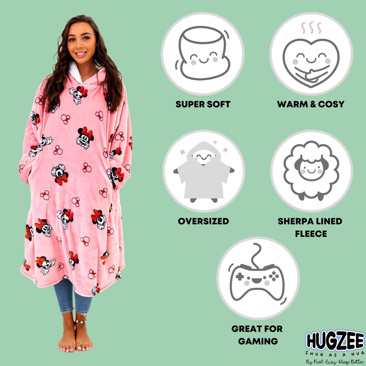 Minnie Mouse Hoodie Blanket Oversized Wearable Soft Sherpa Fleece Throw, Pink