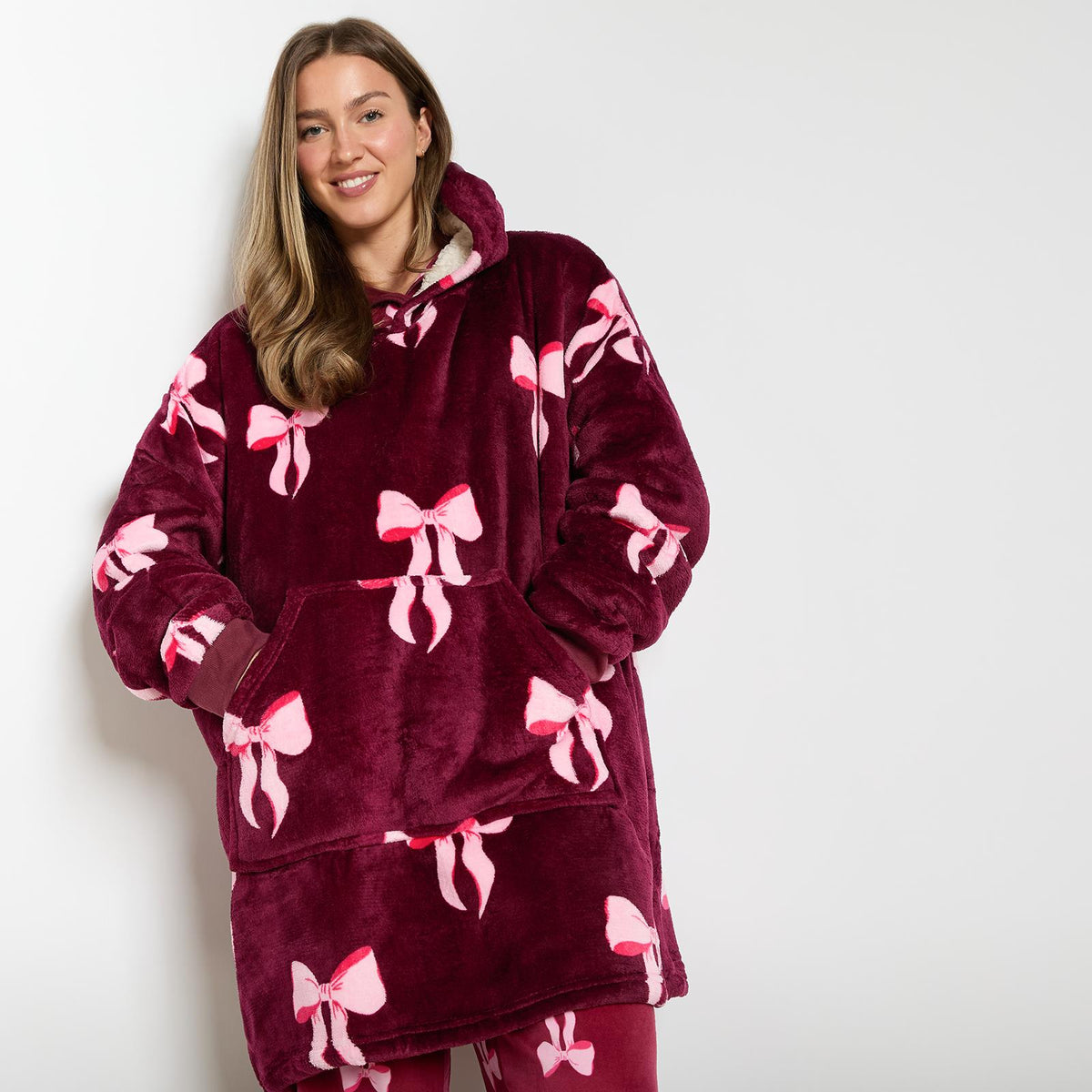 OHS Bows Print Hooded Blanket Adult Kids Sherpa Lined Winter Family Hoodie