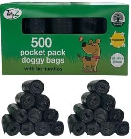 500 TidyZ Dog Poo Bags. Minimum 30% Recycled Plastic. Strong, Large Pet Waste Bags. Tie Handles, Individual Pocket Packs. Scented. Leakproof. 20 Rolls of 25 Bags