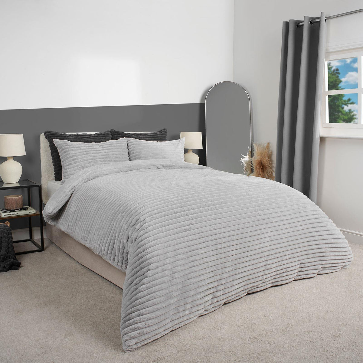 OHS Ribbed Fleece Bedding Set Soft Faux Fur Thermal Duvet Cover with Pillowcase