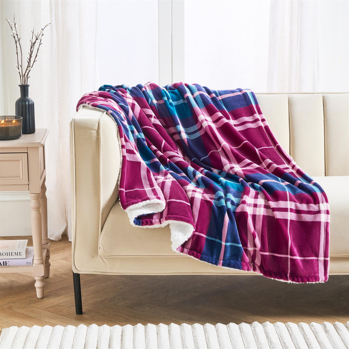 OHS Tartan Throw Sherpa Fleece Plush Flannel Blanket Warm Xmas Soft Bedspread