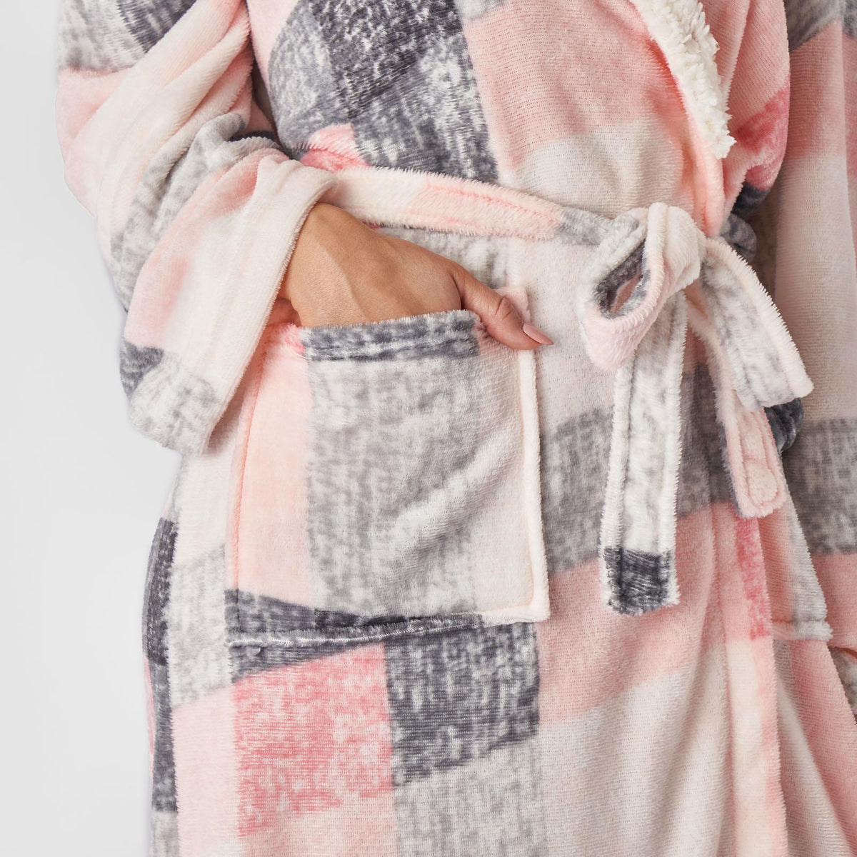 Dreamscene Check Hooded Dressing Gown Soft Flannel Fleece Unisex Sherpa Bathrobe