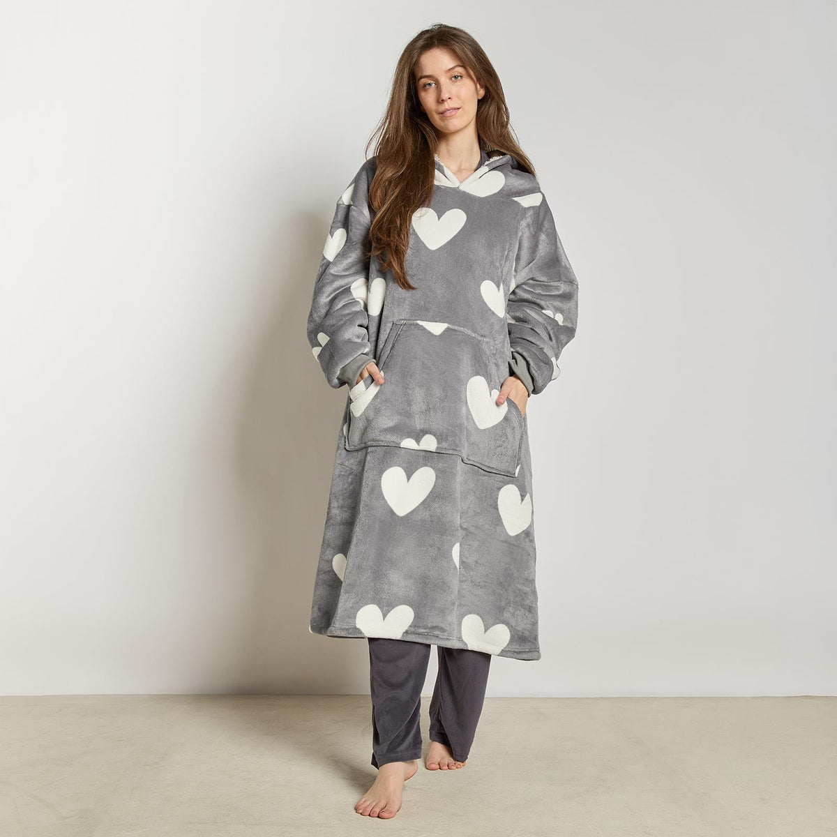 OHS Heart Print Hoodie Blanket Oversized Adult Fleece Sherpa Throw Jumper