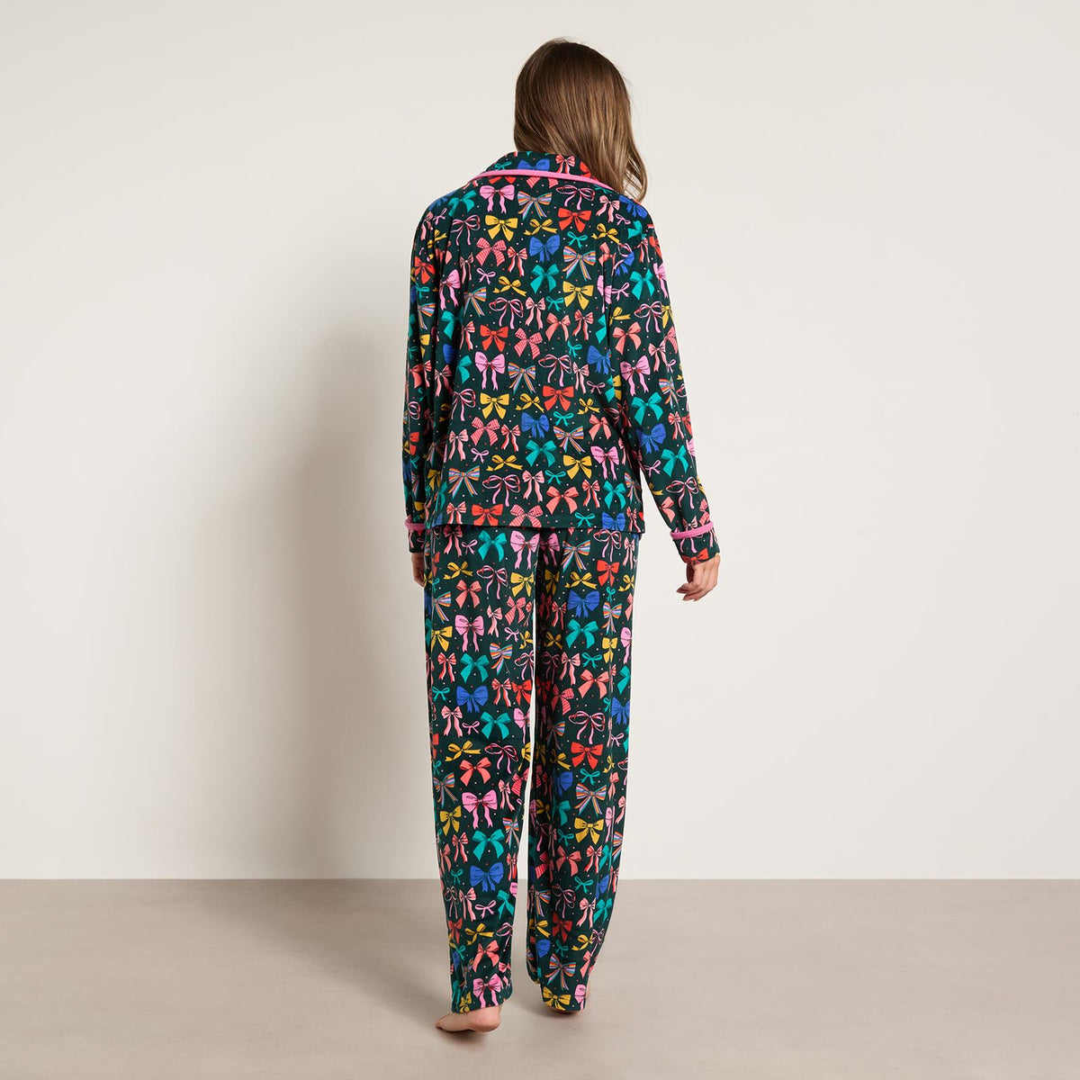 OHS Matte Velvet Pyjama Set Festive Piped Button Through Nightwear PJs