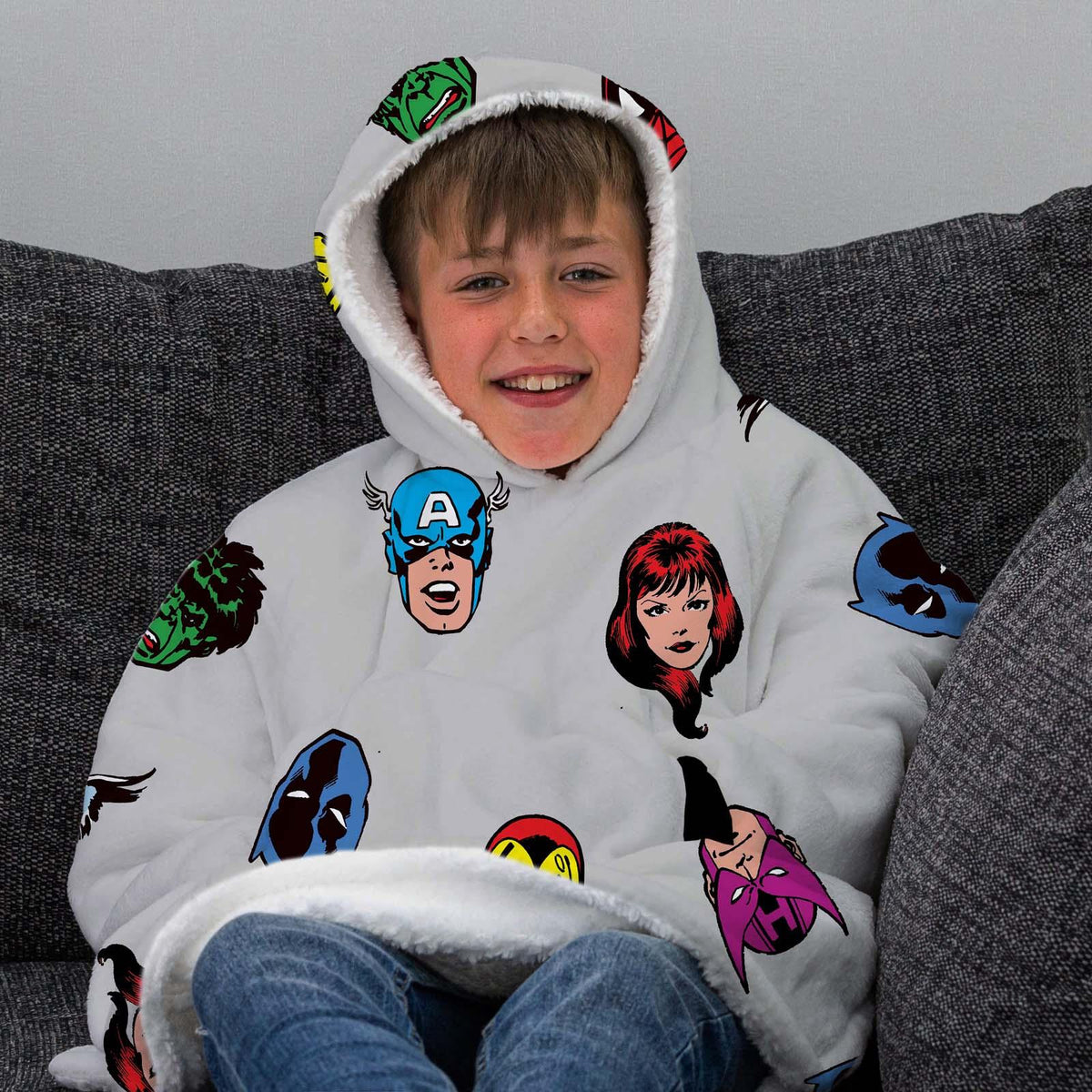 Marvel Comics Hoodie Blanket Sherpa Fleece Soft Oversized Jumper Throw, Grey