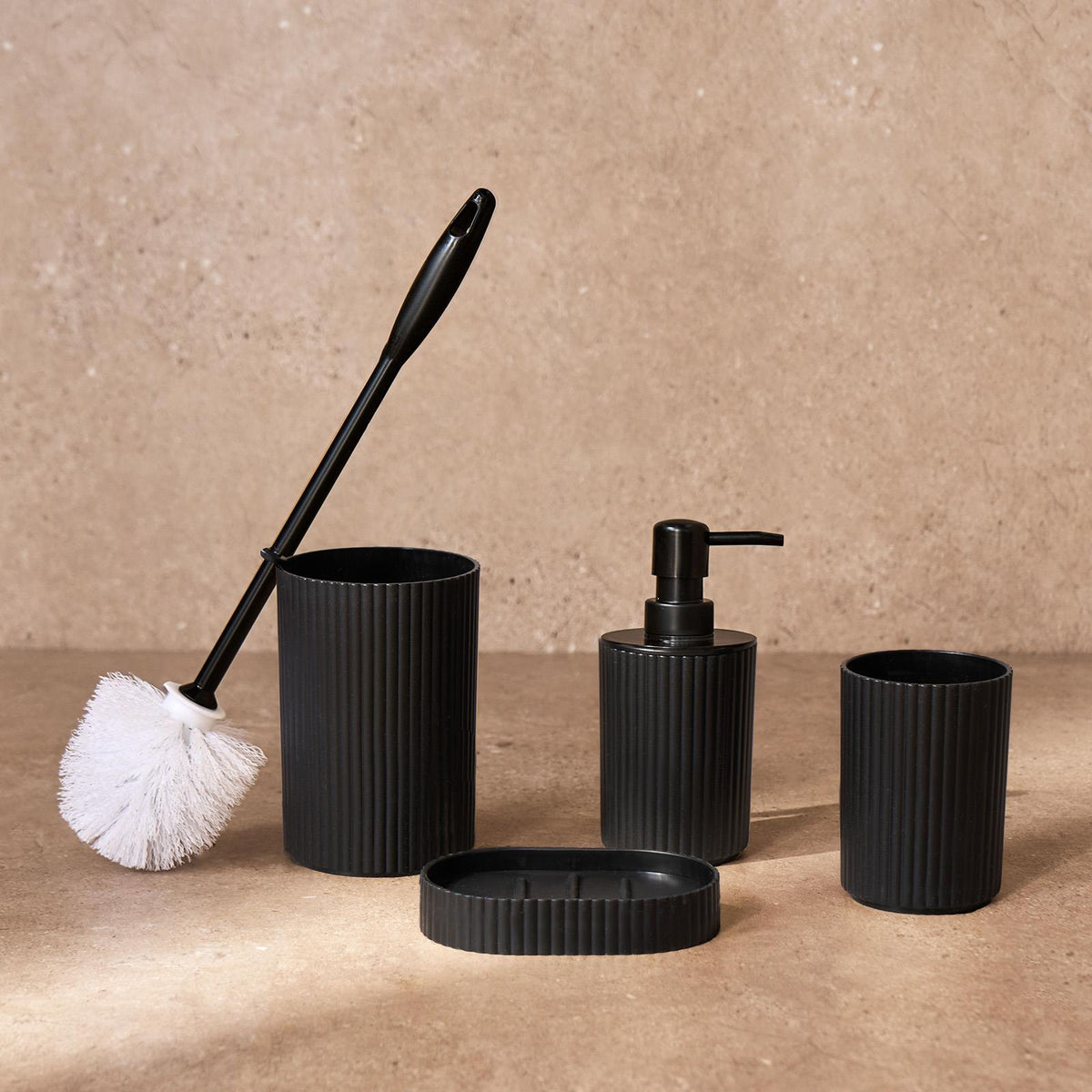 Bathroom Accessories 4 Piece Set Ribbed Soap Dispenser Holder Tumbler Toothbrush