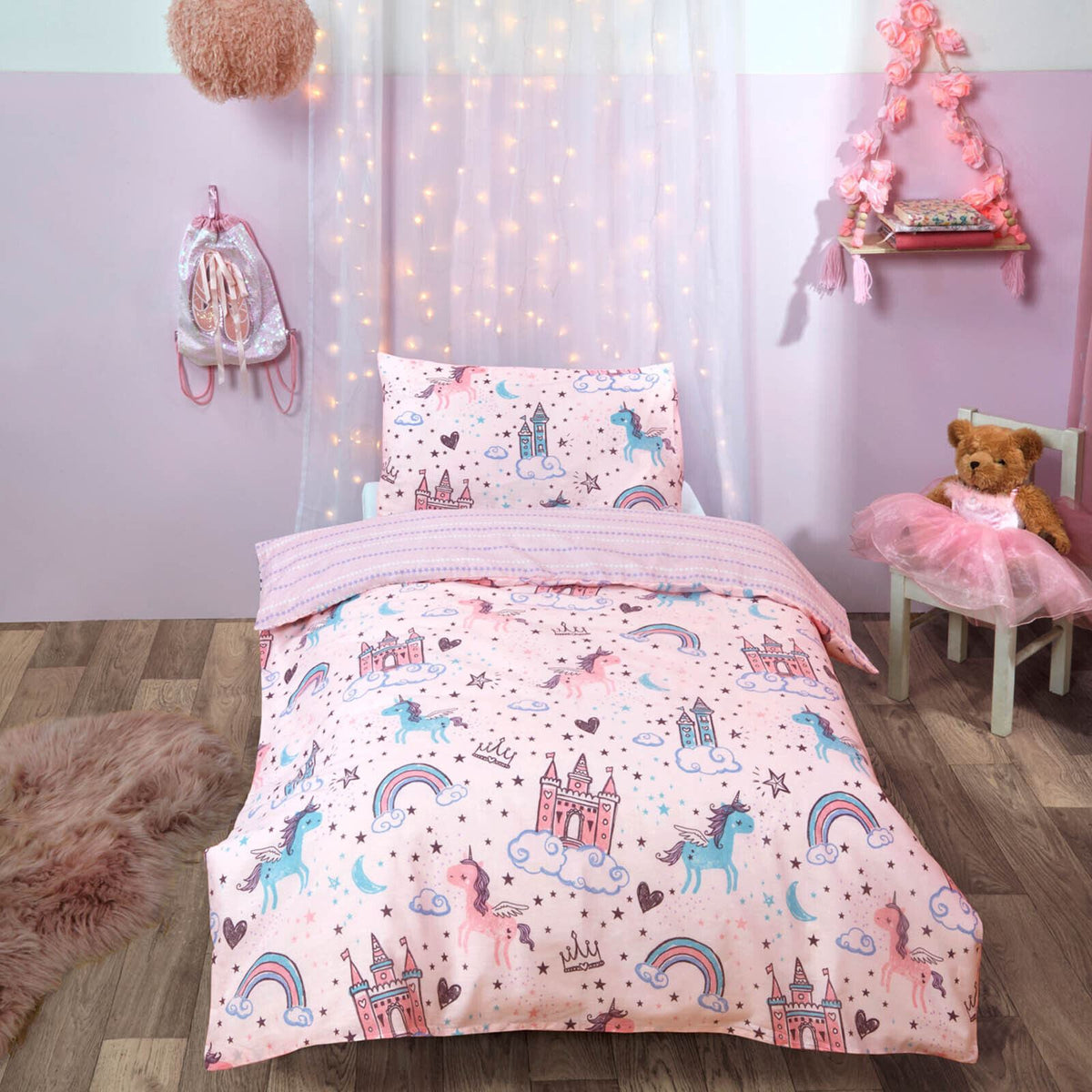 Dreamscene Unicorn Kingdom Duvet Cover and Pillowcase Kids Pink Star Bedding Set