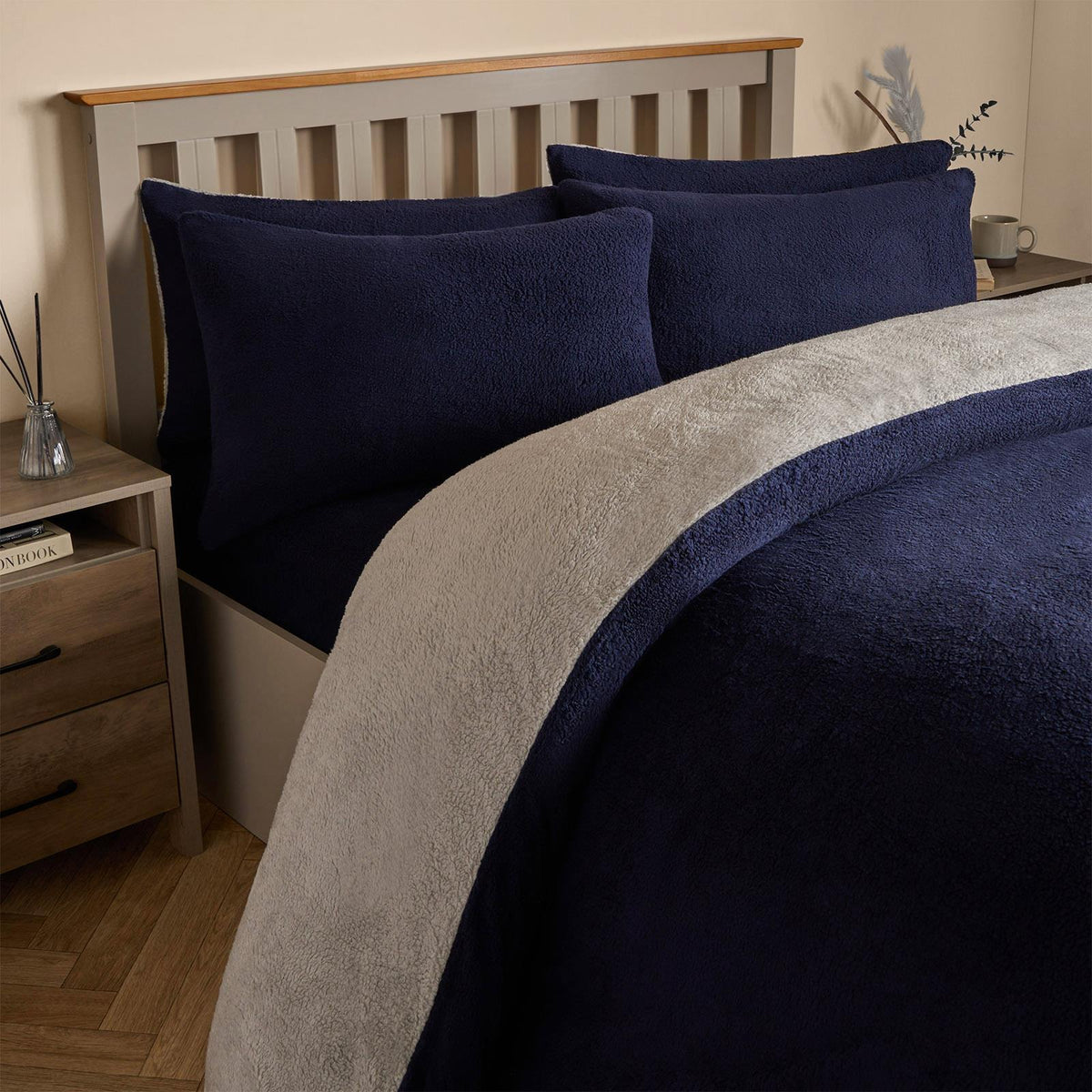 OHS Reversible Teddy Fleece Duvet Cover with Pillowcase Bedding Set Grey