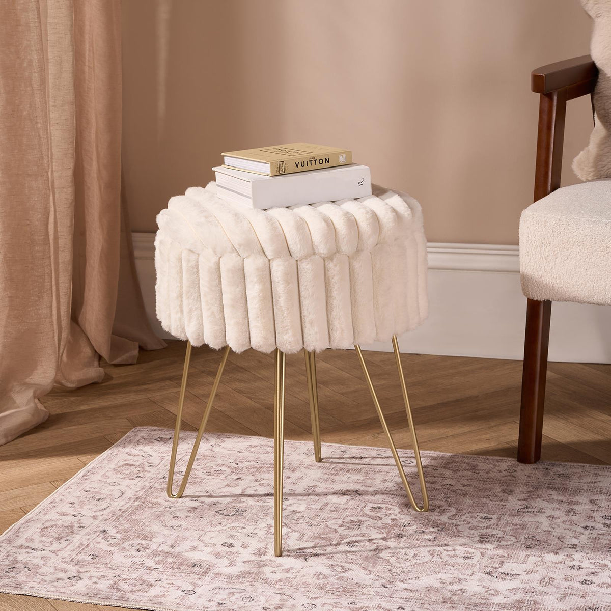 OHS Faux Fur Stool Hairpin Ribbed Fleece Round Vanity Seat Foot Rest Chair