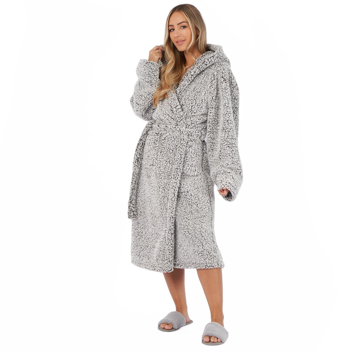 OHS Teddy Marl Fleece Soft Adults Dressing Gown Unisex Full-Length Robe