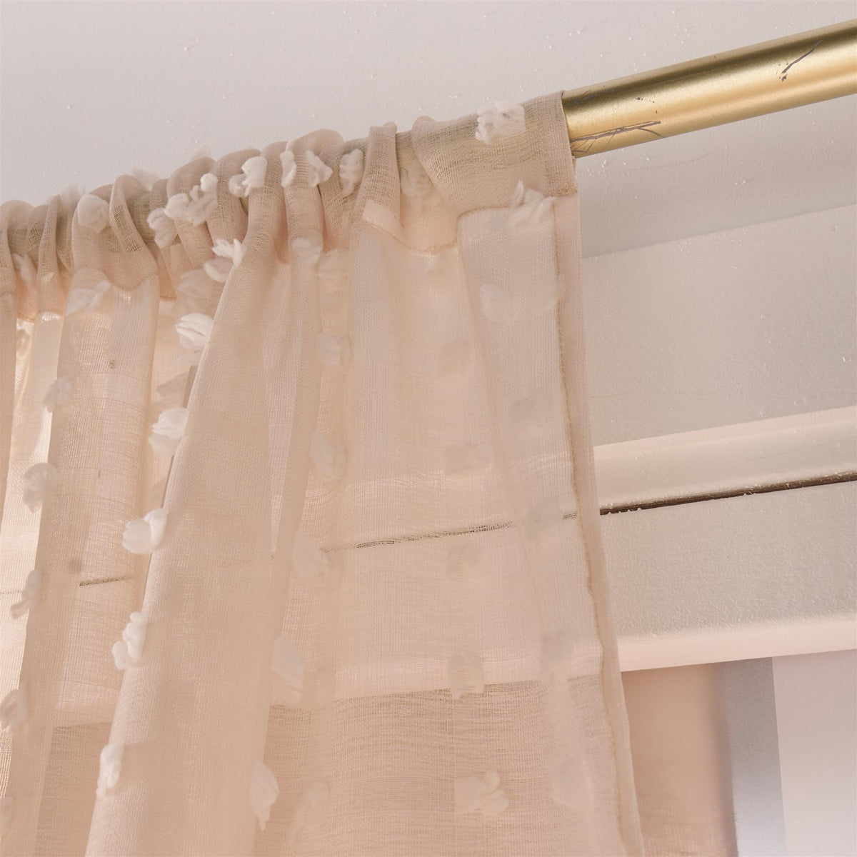 OHS Pompom Tufted Voile Net Curtains Pair 2 Window Panels Slot Top Set 55" Wide