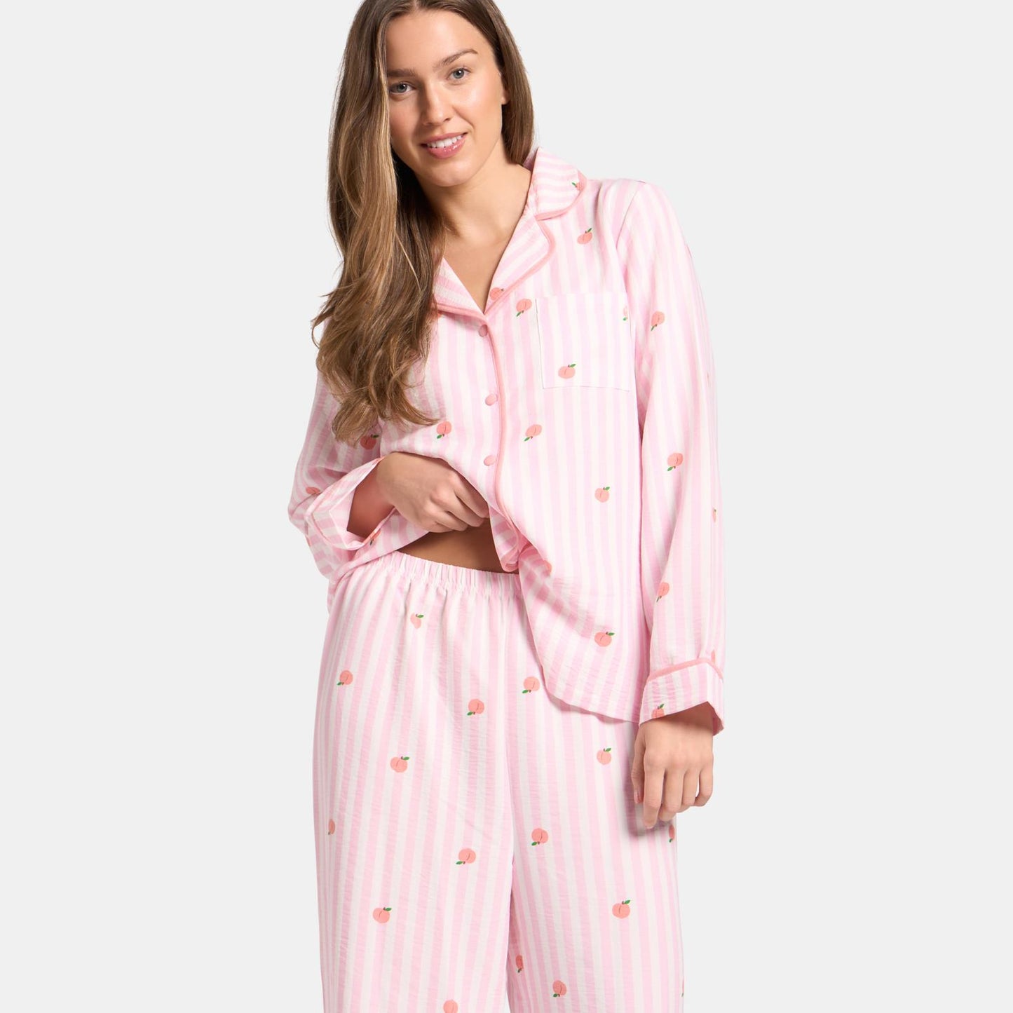 OHS Stripe Pyjama Set Womens Seersucker Button Through Soft Nightwear Loungewear