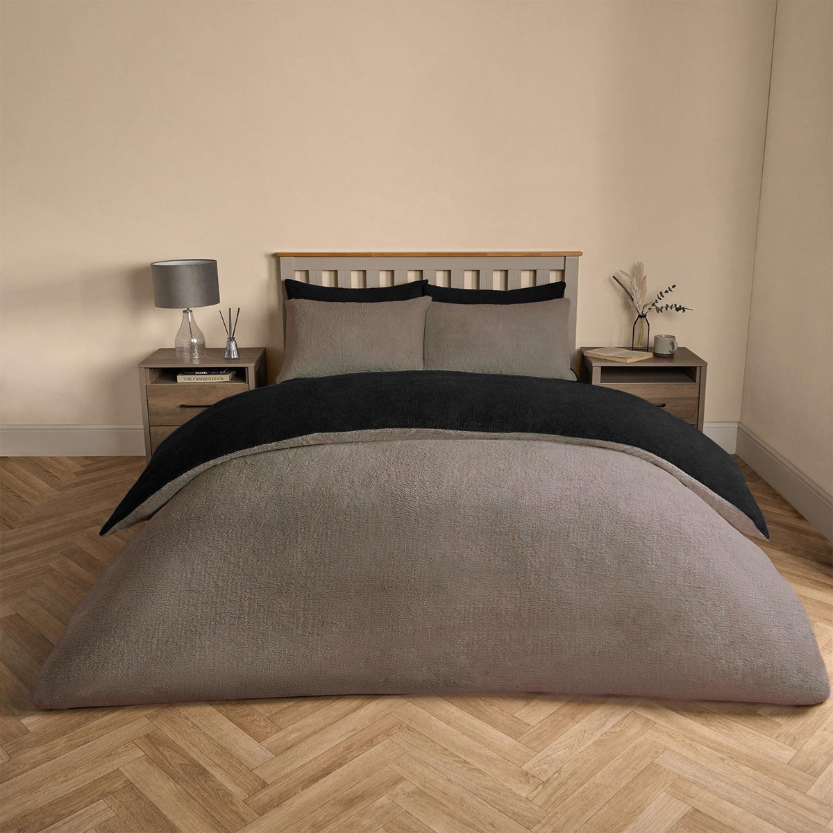 OHS Reversible Teddy Fleece Duvet Cover with Pillowcase Bedding Set Grey