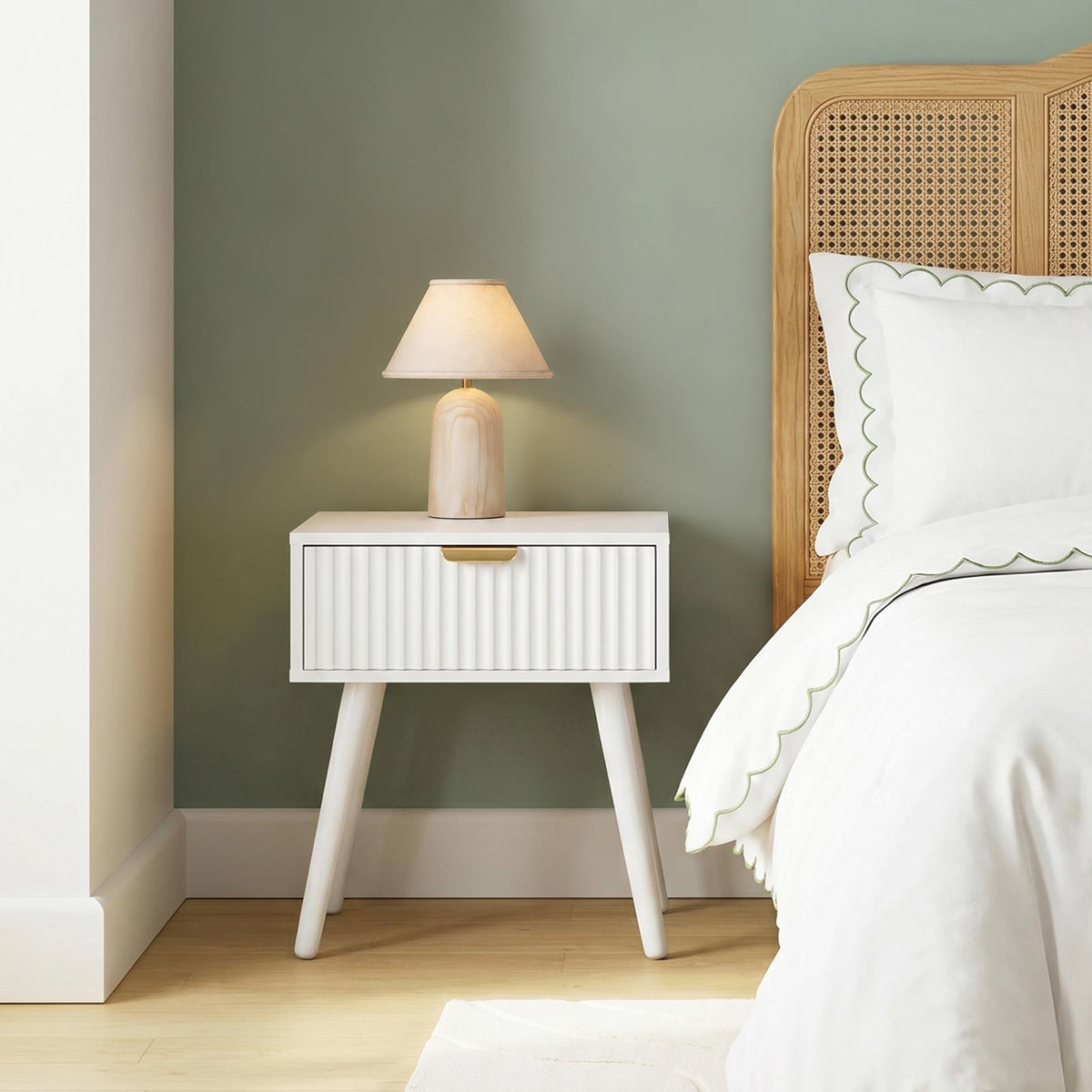 OHS Ribbed Bedside Nightstand 1 Drawer Storage Unit Wooden End Table