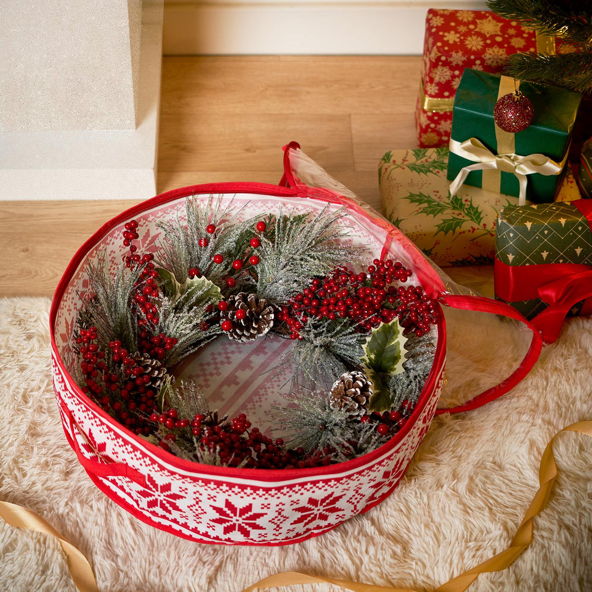 OHS Wreath Storage Bag Plain Printed Xmas Festive Decoration Holder Organiser