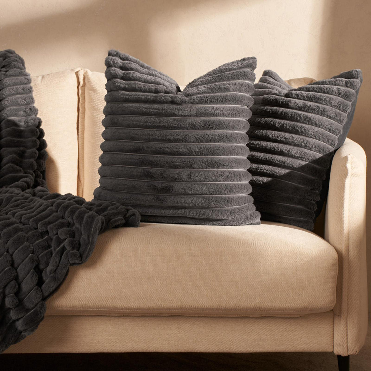 OHS Thick Rib Cushion Covers Faux Fur Soft Fleece Square Pillowcases Home Decor