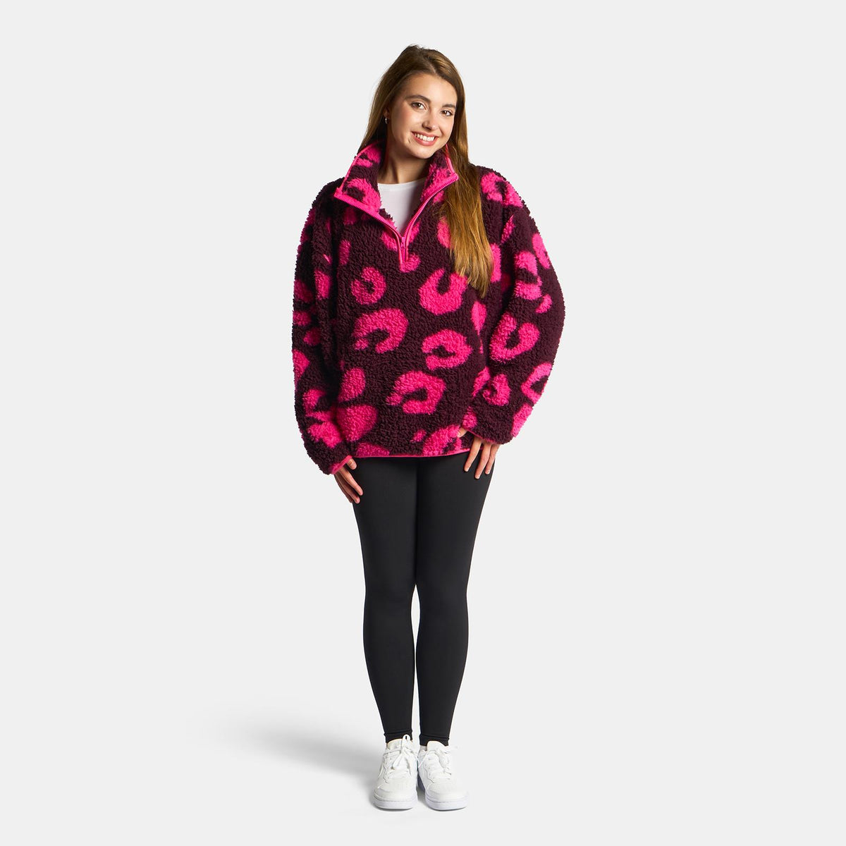 OHS Print Teddy Fleece Half Zip Jumper Womens Pullover Sweatshirt Long Sleeve