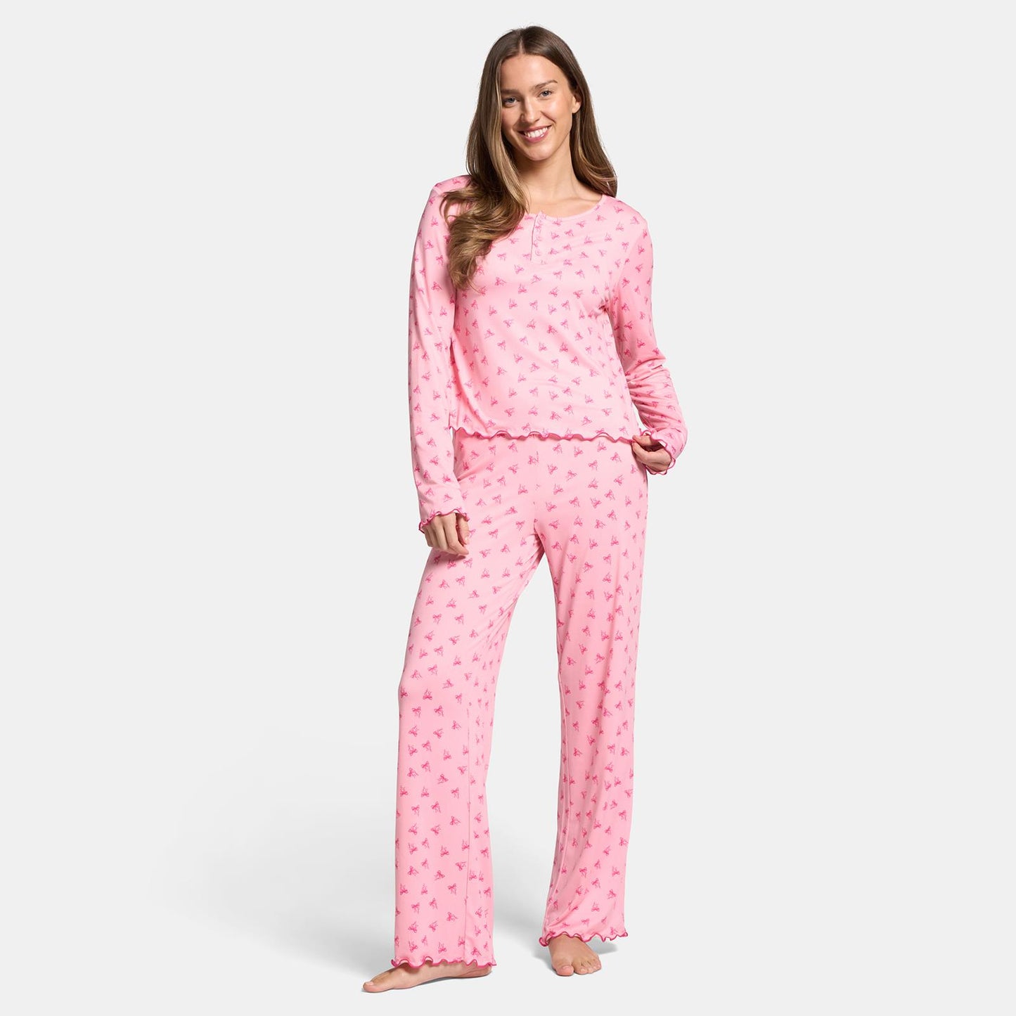 OHS Print Jersey Pyjama Set Womens Lettuce Edge Sleepwear Nightwear Loungewear