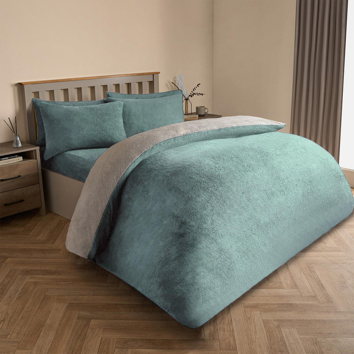 OHS Reversible Teddy Fleece Duvet Cover with Pillowcase Bedding Set Grey