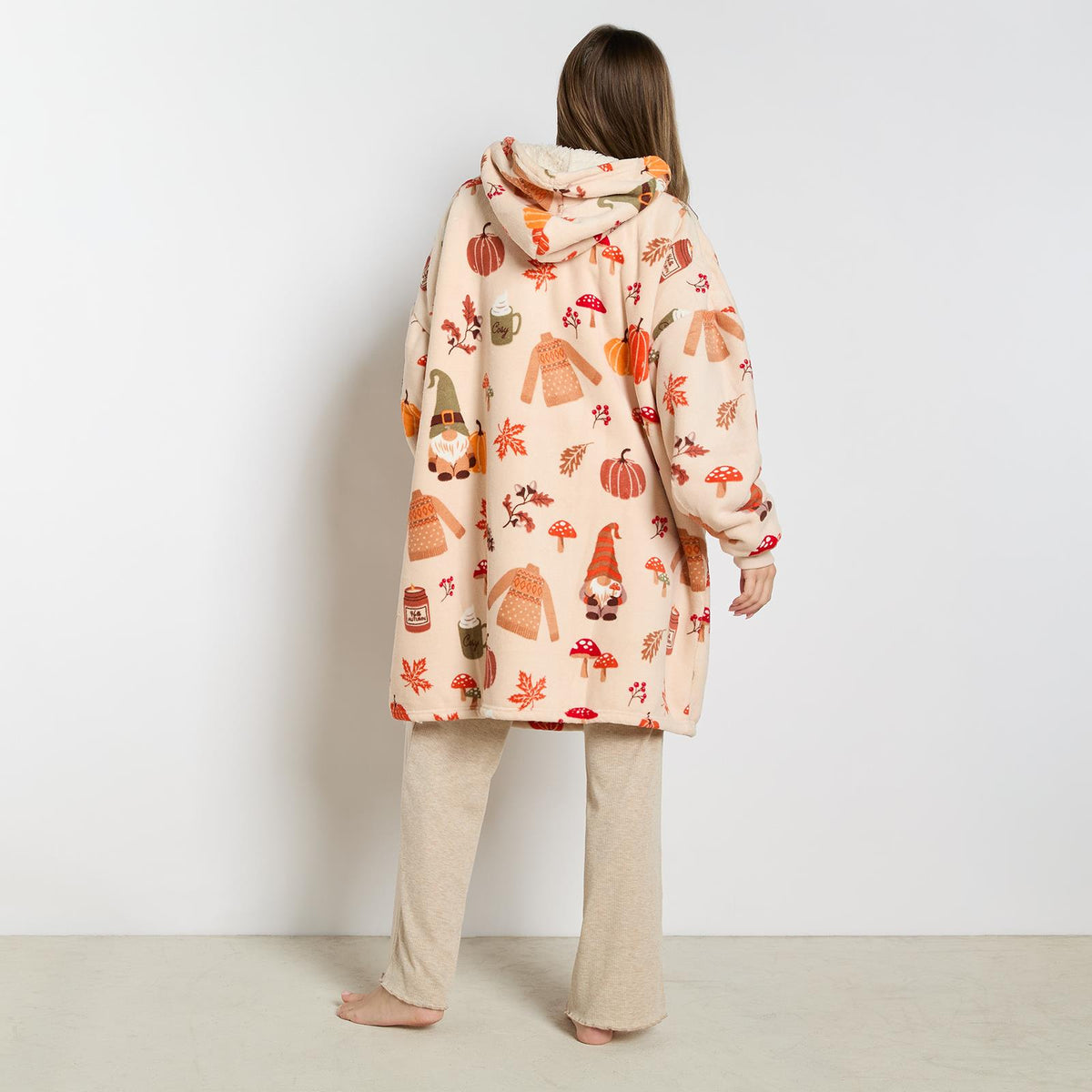 OHS Autumn Hoodie Blanket Pumpkin Prints Fleece Wearable Throw Sherpa
