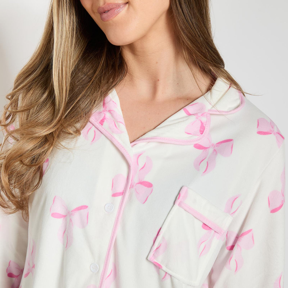 OHS Bows Pyjama Set Womens Button Through Baby Fleece Loungewear Nightwear