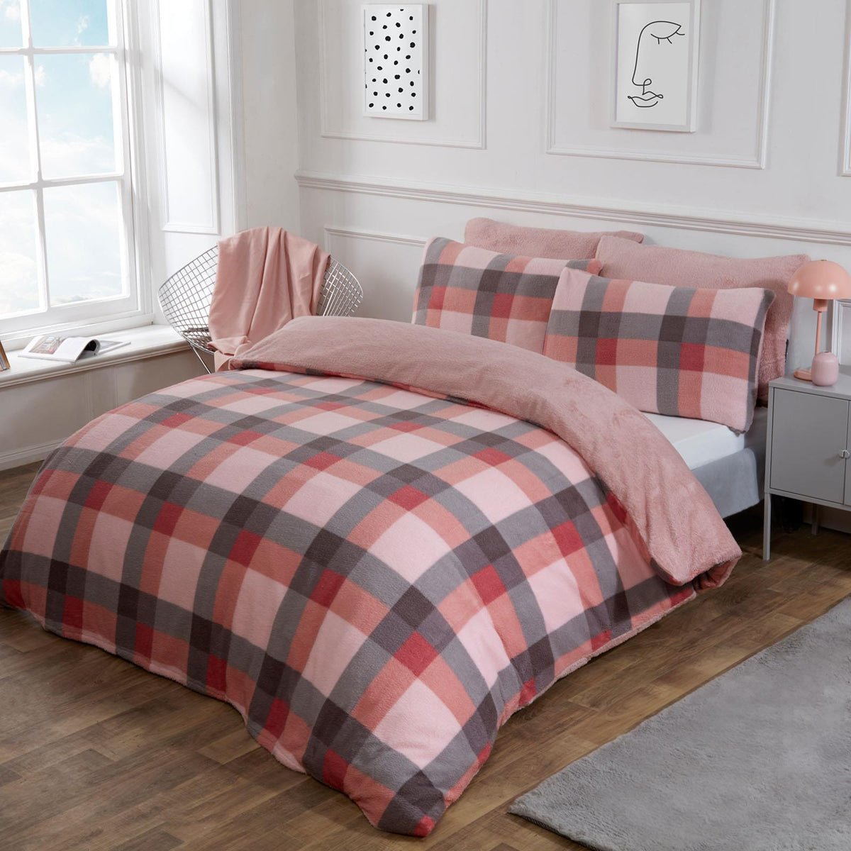 Dreamscene Check Teddy Fleece Duvet Cover with Pillowcase Thermal Bedding Set UK