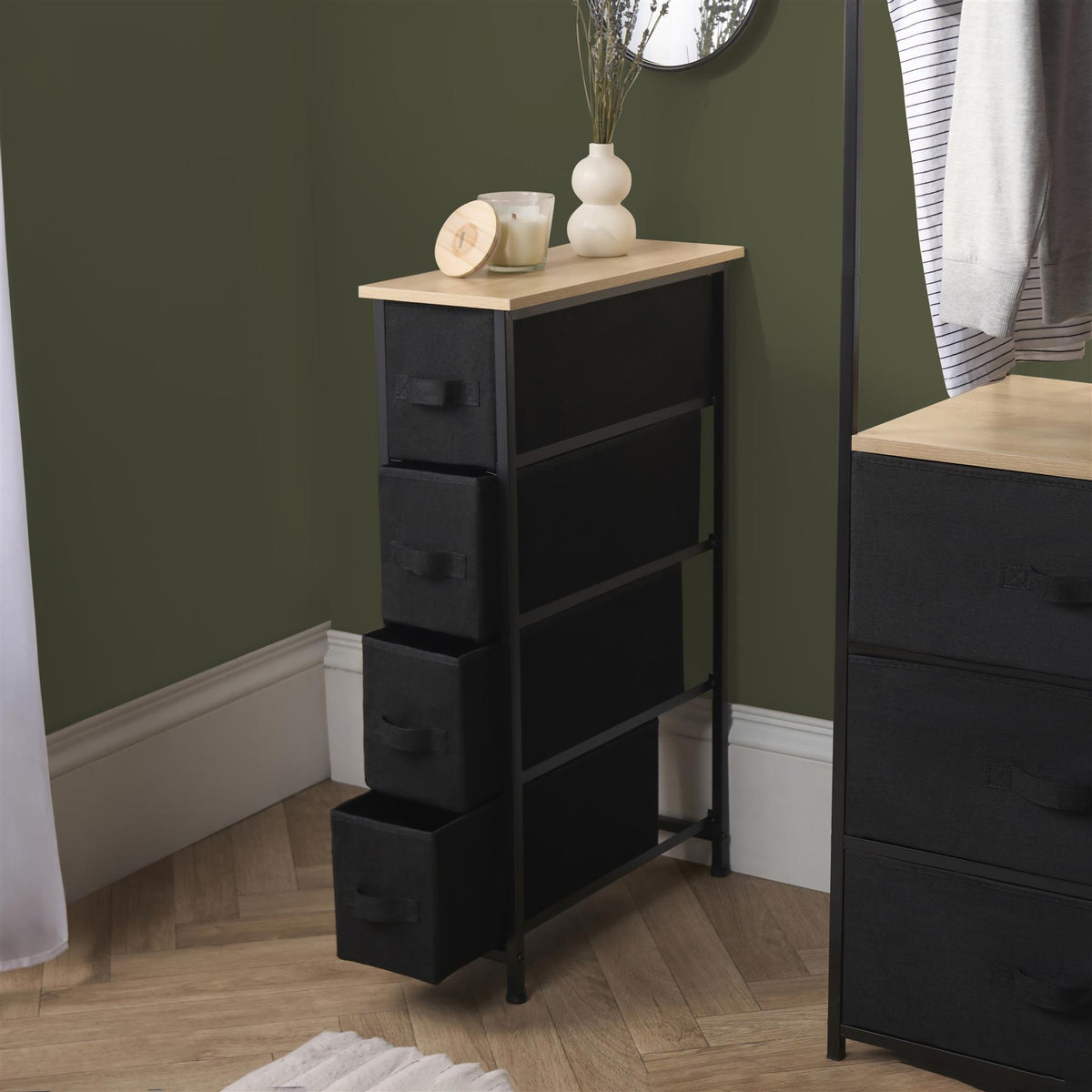 Narrow 4 Drawer Storage Cabinet Bedside Table Unit Clothes Home Fabric Organiser