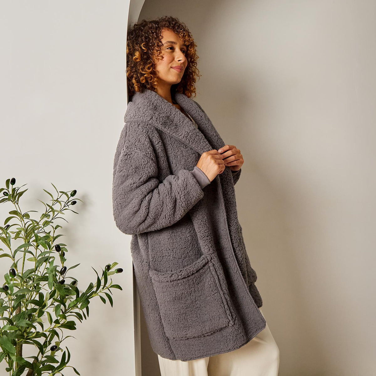 OHS Waterfall Cardigan Warm Teddy Fleece Open Front Wrap Loungewear Outwear