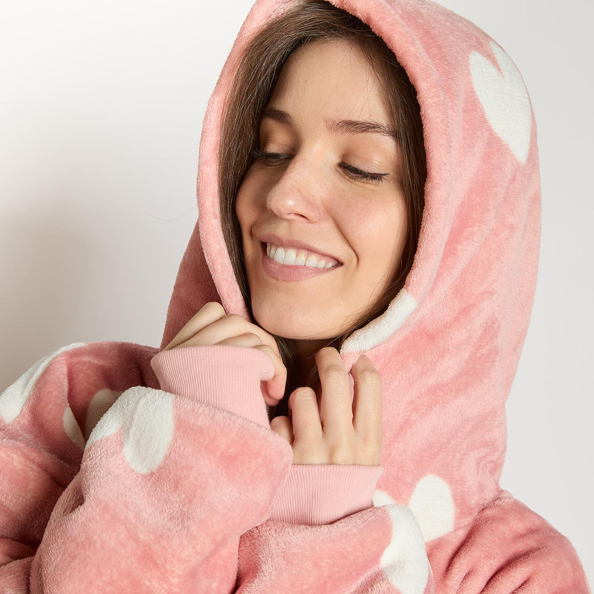 OHS Heart Print Hoodie Blanket Oversized Adult Fleece Sherpa Throw Jumper