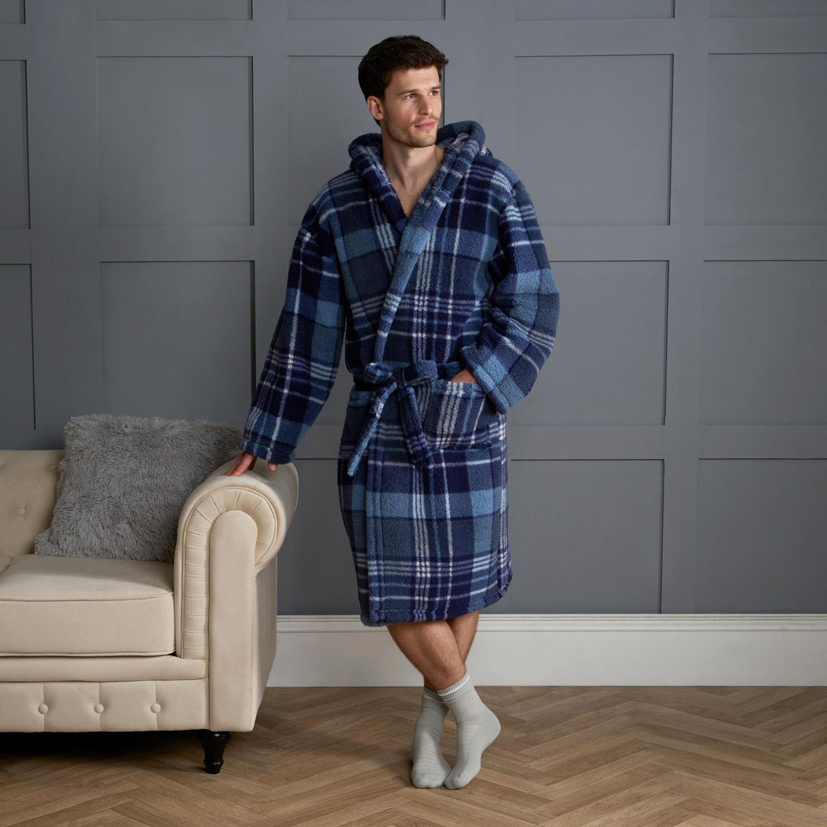 OHS Teddy Dressing Gown Tartan Check Soft Unisex Hooded Xmas Loungewear Robe