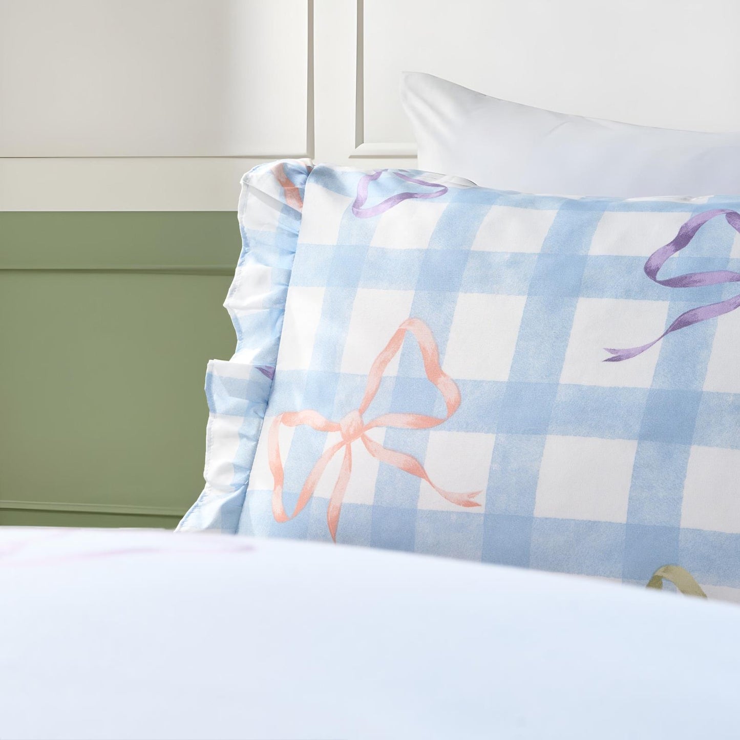 OHS Bow Gingham Bedding Set Microfibre Reversible Duvet Cover with Pillowcase
