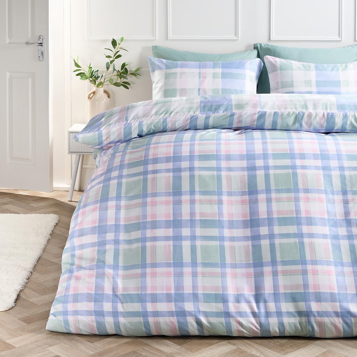 OHS Watercolour Bedding Set Check Microfibre Duvet Cover with Pillowcase