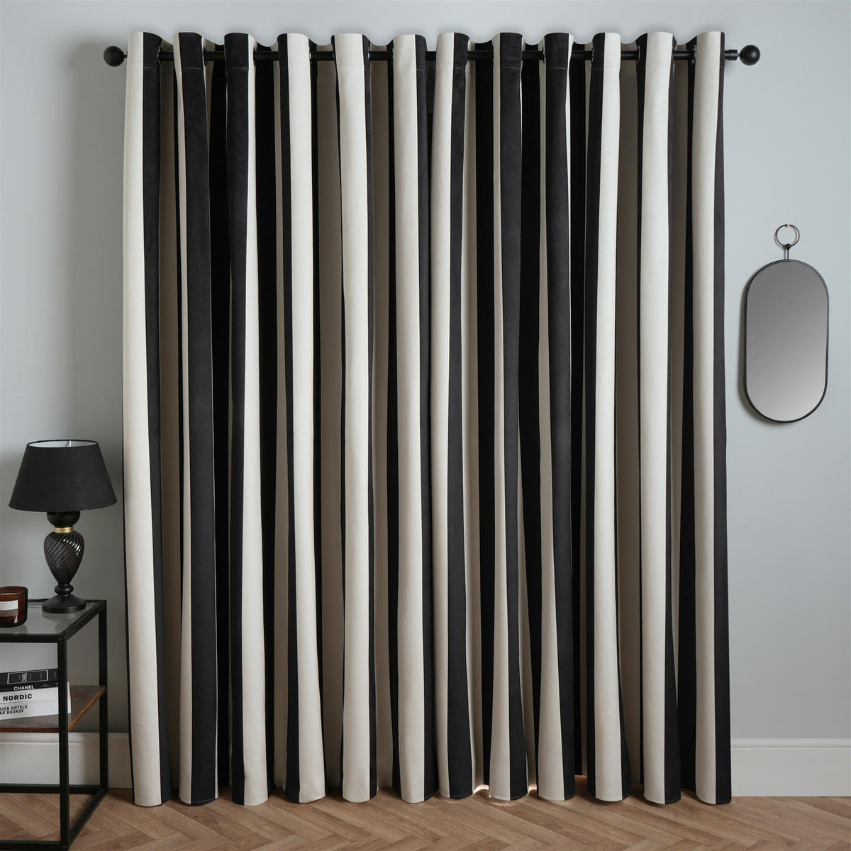 Stripe Blackout Eyelet Curtains Thermal Pair of Ring Top Panels Ready Made Décor