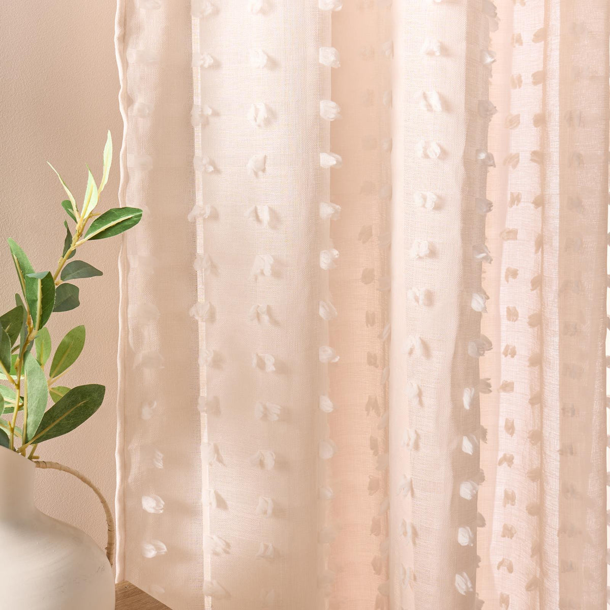 OHS Pompom Tufted Voile Net Curtains Pair 2 Window Panels Slot Top Set 55" Wide