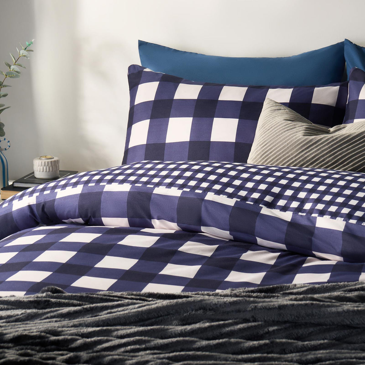 OHS Gingham Duvet Cover Bedding Set Check Quilt Pillowcase Reversible