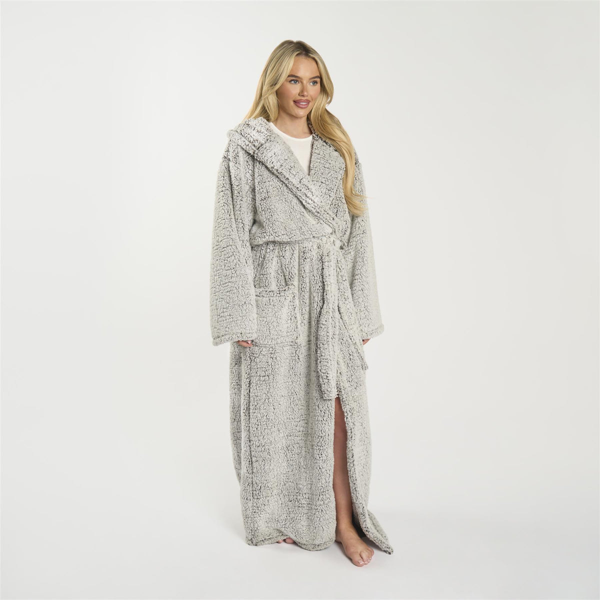 OHS Teddy Marl Fleece Soft Adults Dressing Gown Unisex Full-Length Robe