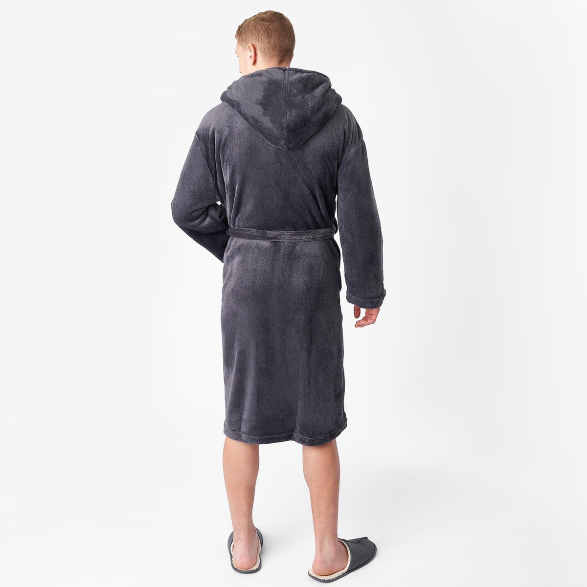 OHS Mens Dressing Gown Long Hooded Soft Flannel Fleece Sherpa Bathrobe Lounge