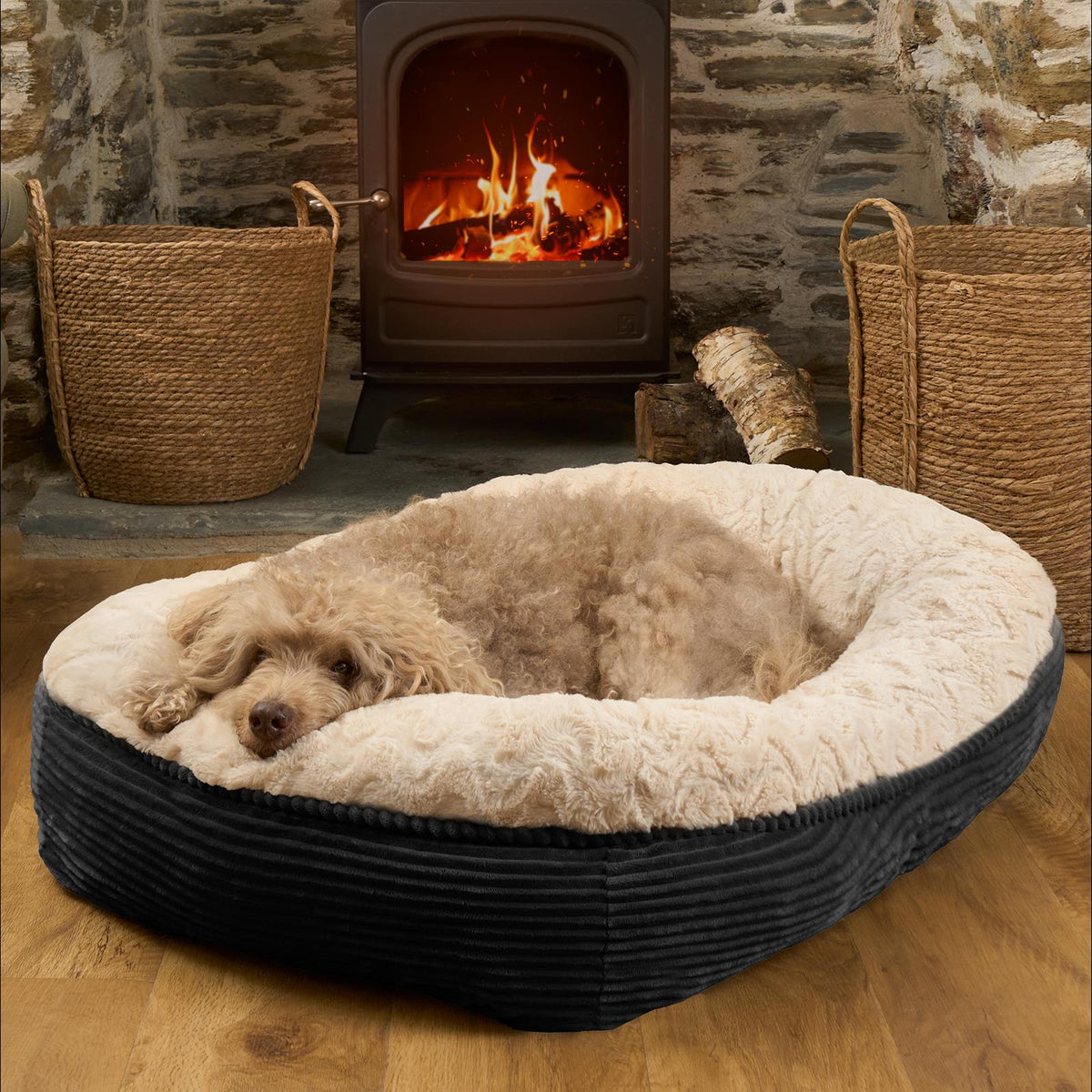 Dog Bed Washable Plush Soft Faux Fur Fleece Ribbed Pet Basket Cushion Warm Cosy