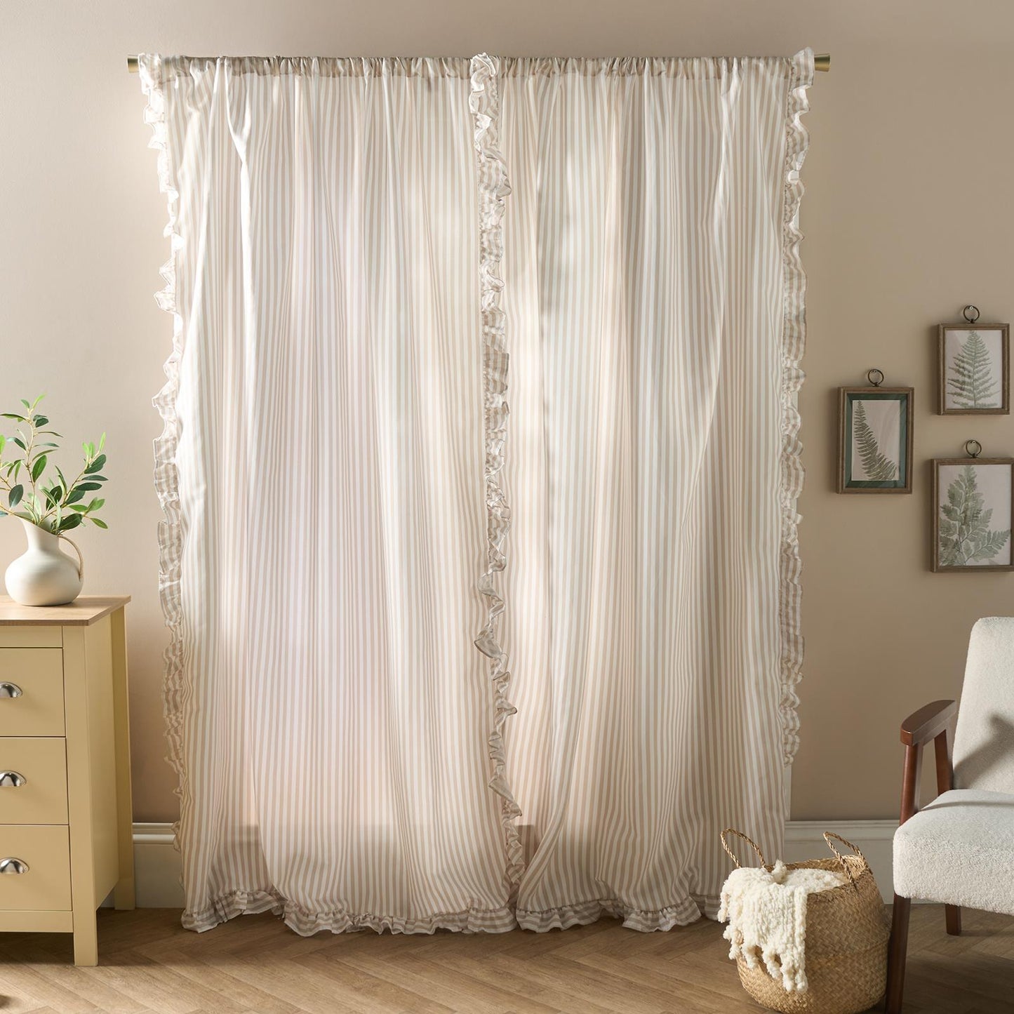 OHS Stripe Frill Voile Net Curtains 2 Window Panels Sheer Rod Slot Top Pair Set