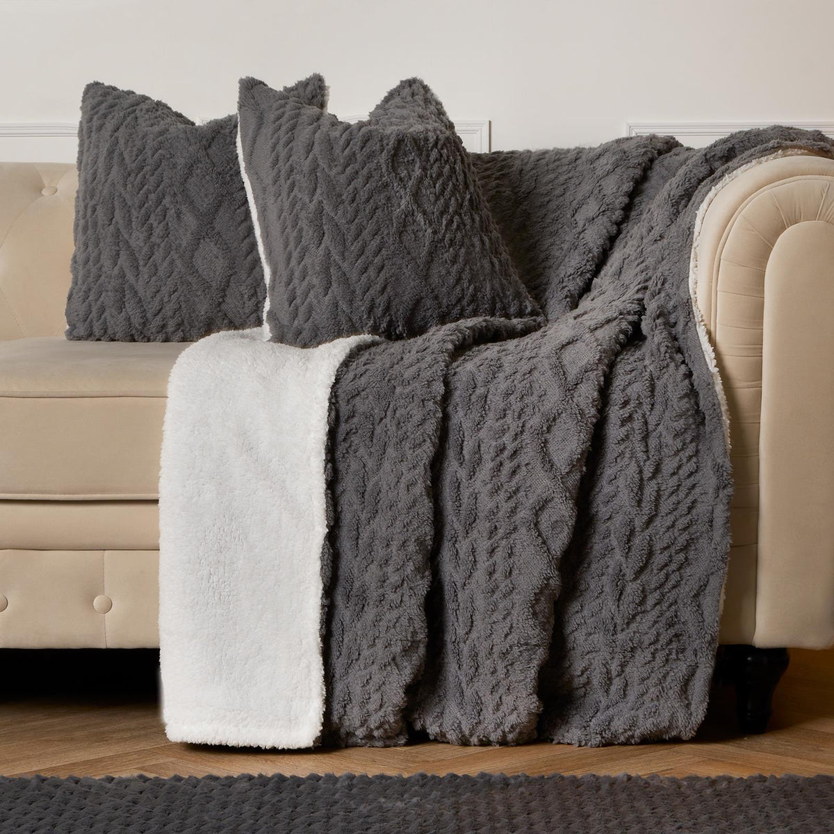OHS Cable Knit Cushion Covers 2 Pack Sherpa Square Pillowcases Home Decor