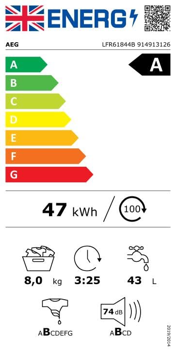 AEG 6000 Series Washing Machine 8kg LFR61844B, ProSense, TimeSave, Extra-Quick, Freestanding Washing Machine, 8kg Load, 1400rpm Spin, Inverter Motor+, Energy Rating A, White