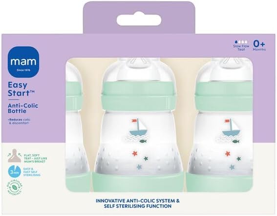 MAM Easy Start Anti-Colic Bottle, 3 x160ml, Self-Sterilising, Green