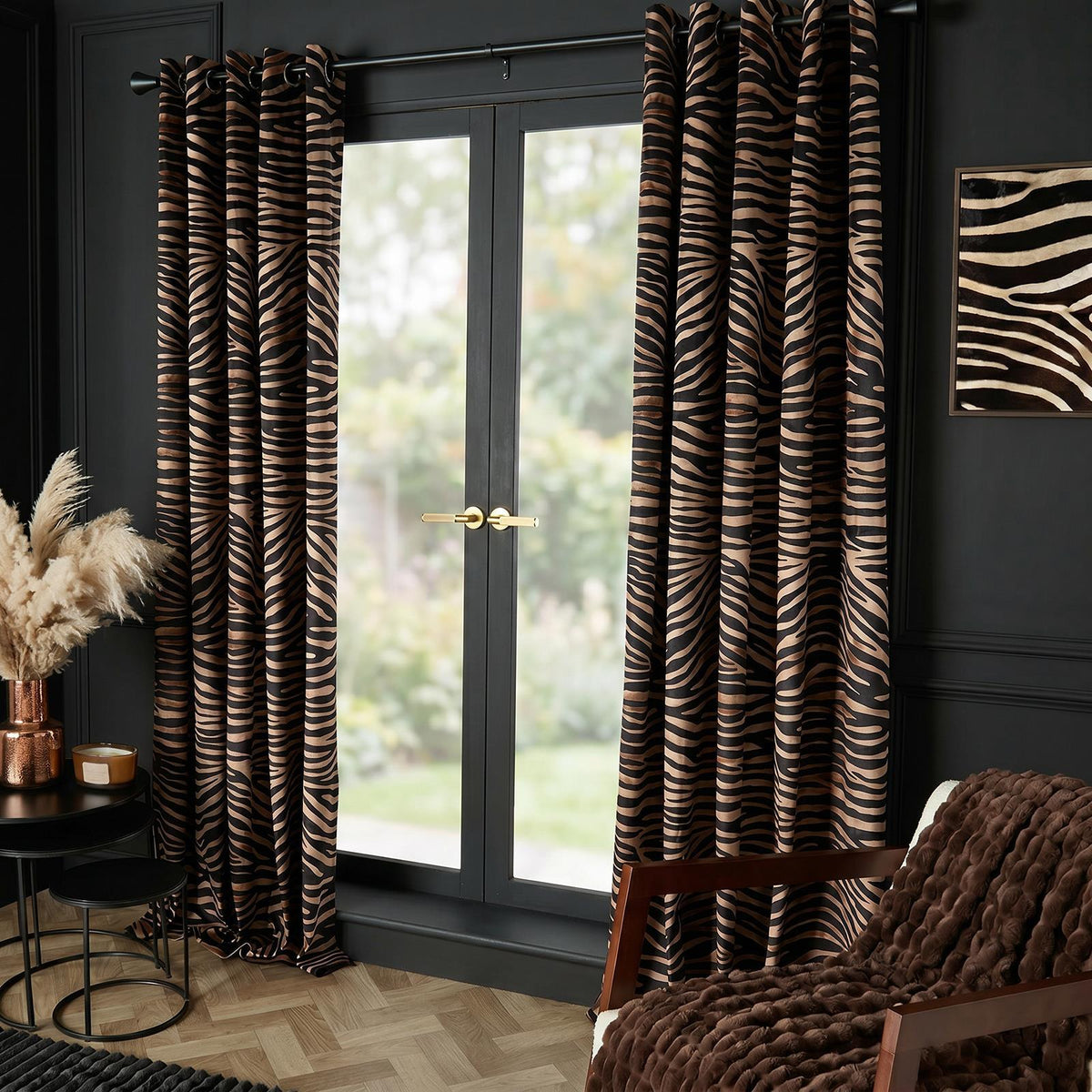 OHS Velvet Eyelet Blackout Curtains Animal Print Ready Made Ring Top